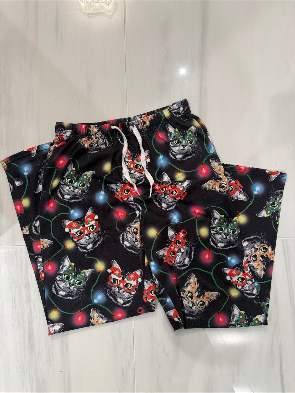 Women’s Black Cat Print Pajama Pants with Holiday Lights